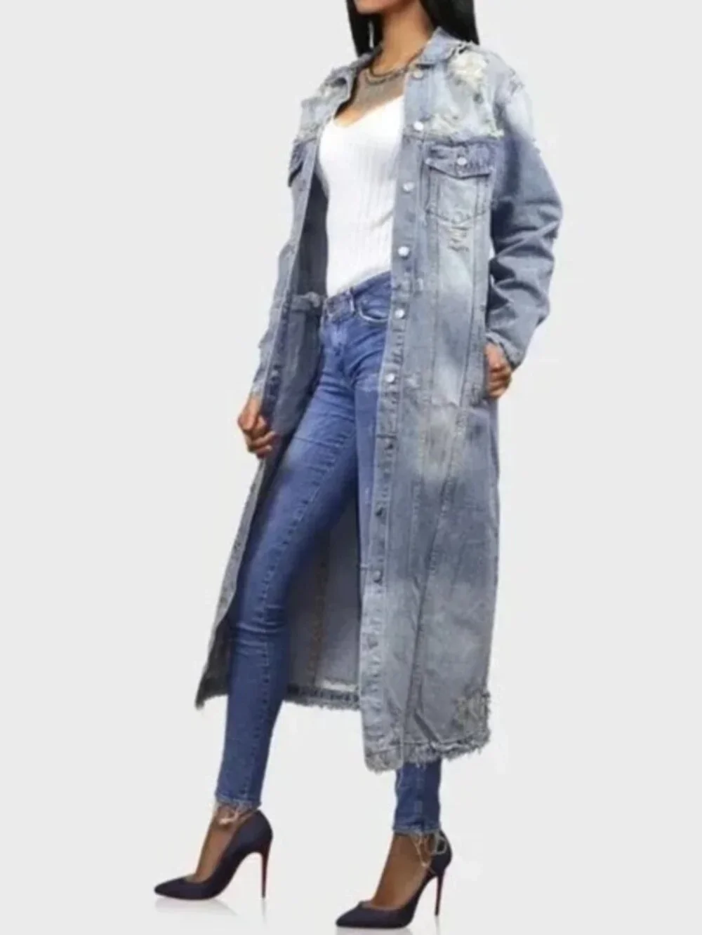 Light Wash Distressed Longline Denim Jacket Oversized Jean Jacket NWT